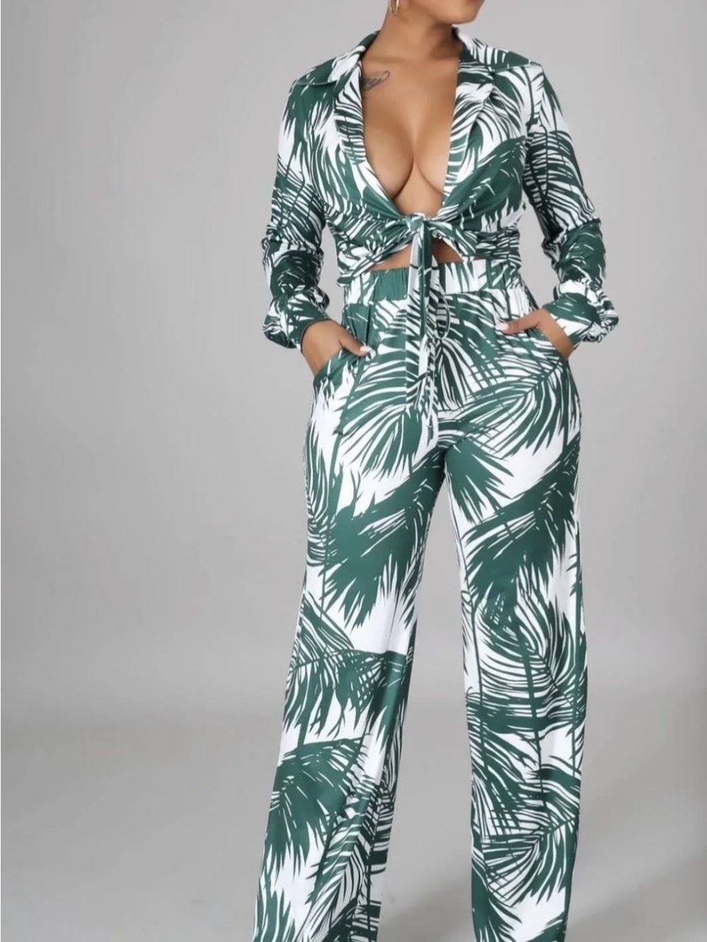 Good Time USA Green White Tropical Leaf Print Tie-Front Palazzo Pants Set M~NWT